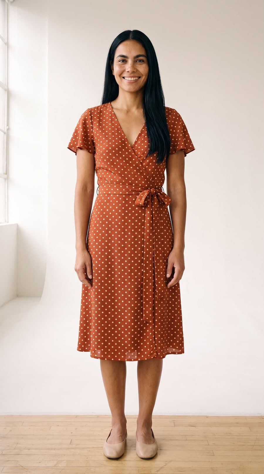 O mesmo vestido de bolinhas vestido pela modelo, em estúdio claro